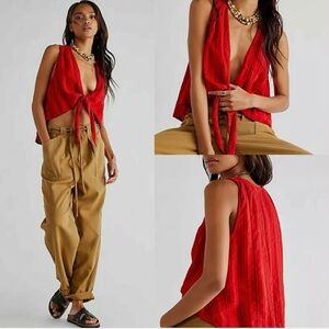 NWOT! Free People By My Side Red Knot Tie High-Low Reversible Blouse